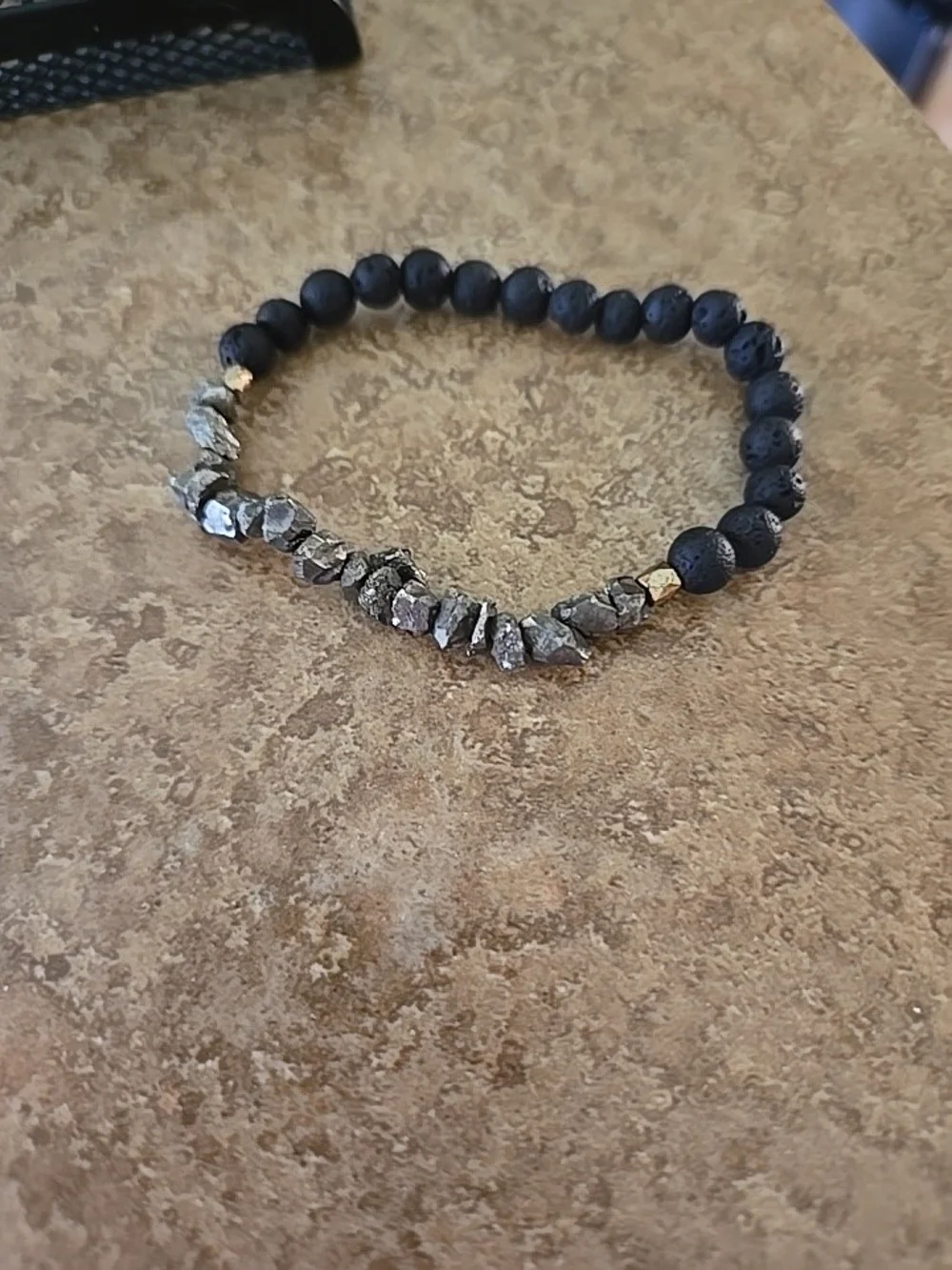 Bracelet Black Lava Stone Silver Hematite Beaded Stretch Jewelry